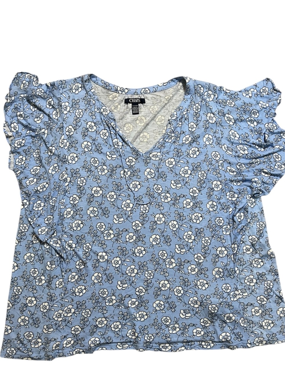 XL Chaps Blue Floral Ruffle Flowy Short Sleeve V-Neck Blouse - Women’s